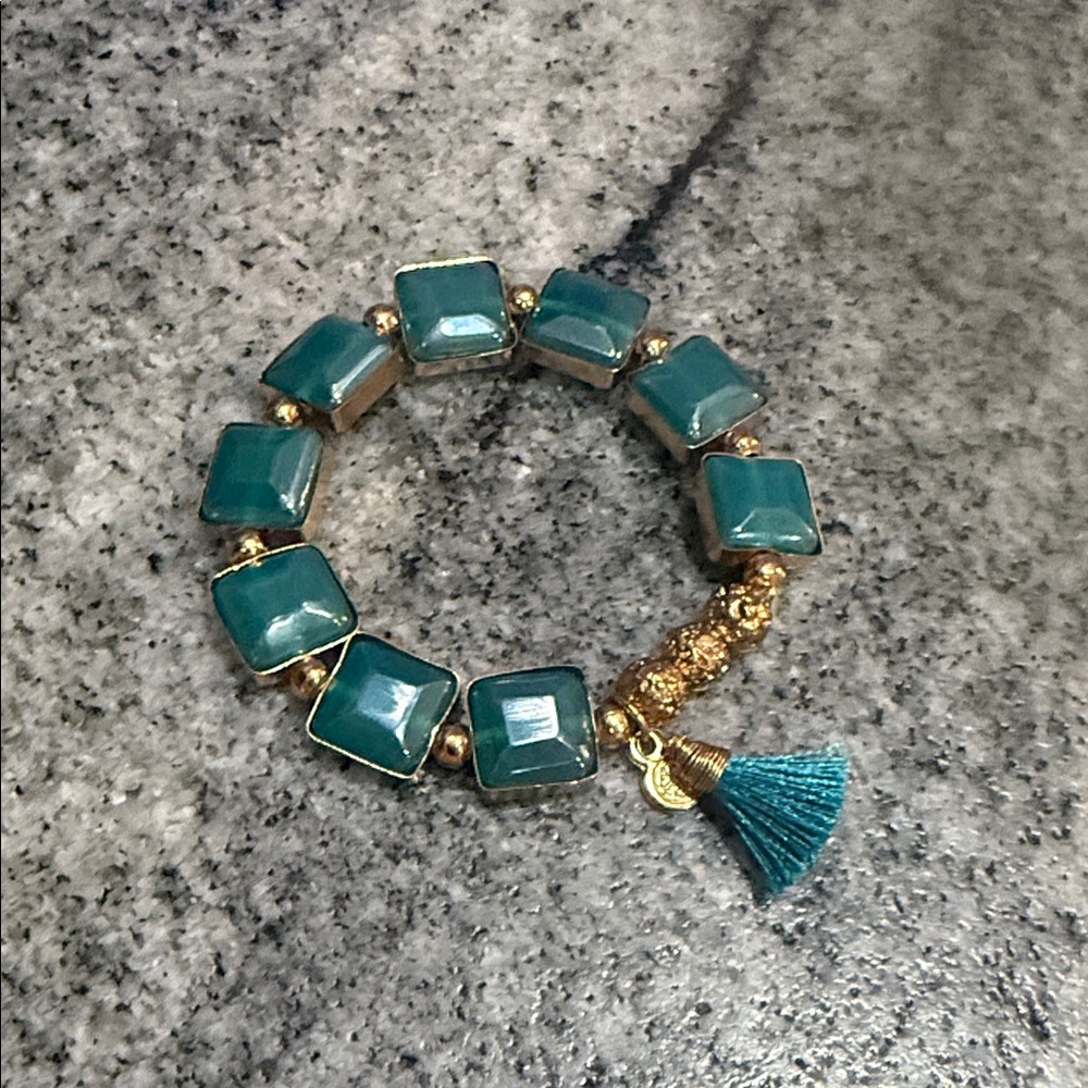 Teal Stone Beaded Stretch Bracelet with Tassel